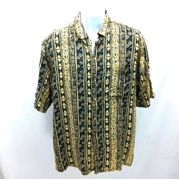 Vintage 90s TRIBES FROM LAND OF THE BRAVE Black Tan Geometric Men's L Shirt..... - Picture 4 of 9